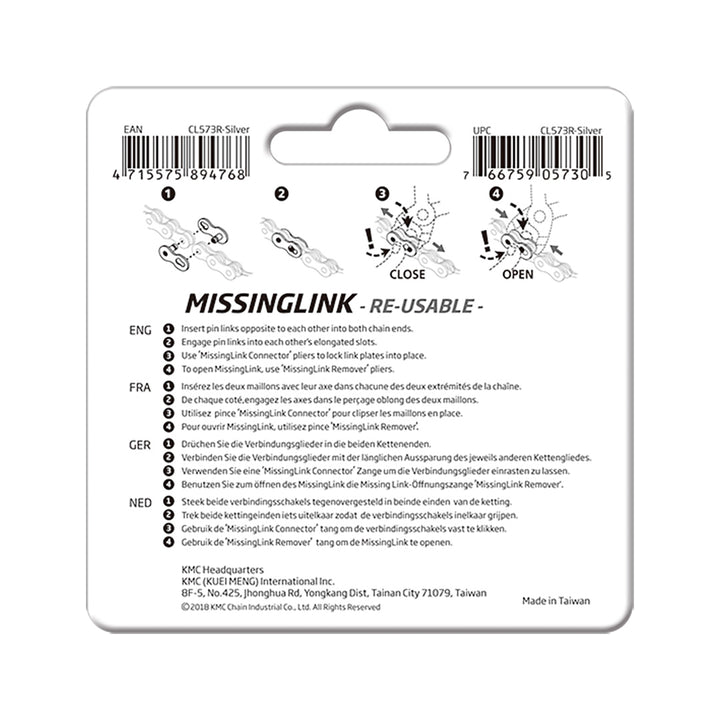 KMC MissingLink CL573R Connector - 6,7,8-Speed, 7.3mm, Reusable, Silver, 2 Pairs/Card