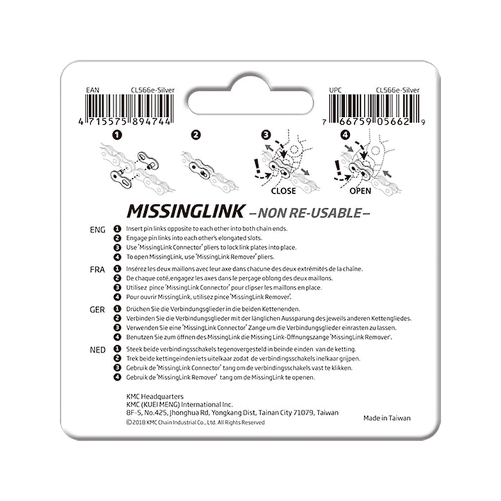 KMC MissingLink CL559R Connector - 9 Speed, Reusable, Silver, 2 Pairs/Card